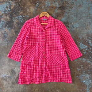 Habitat Pink Plaid Tunic Top Size XS Textured Button Up Patchwork 3/4 Sleeve